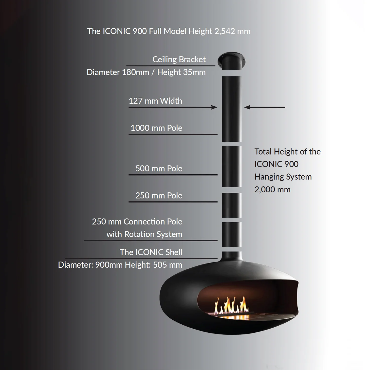 PARTS: icon fires | the iconic 900 hanging fireplace | extension pole 25cm - Image 3